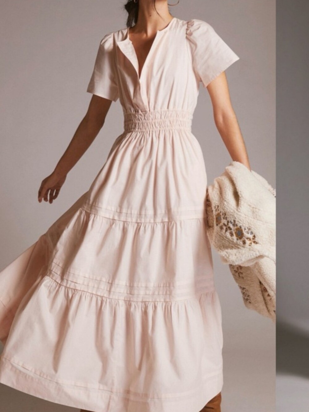 Anthropologie Somerset Light Pink Tiered Maxi Dress Cotton Cottagecore Size M